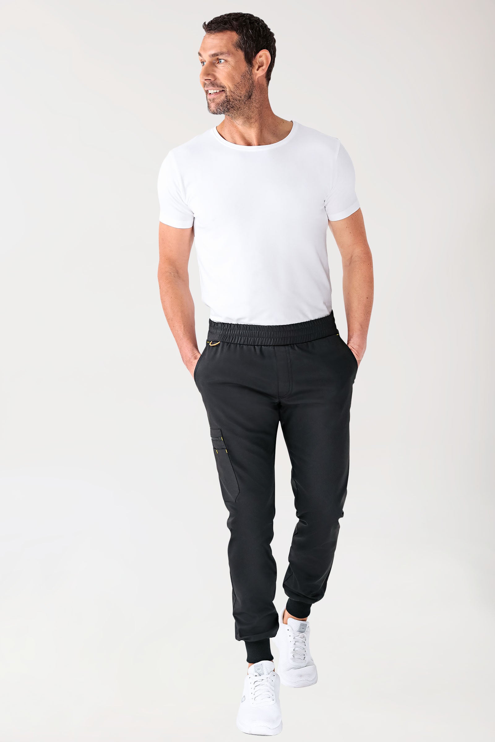 CLINIC STRETCH Pantalon Homme - ourlets côtelés noir/jaune, Vue de face 