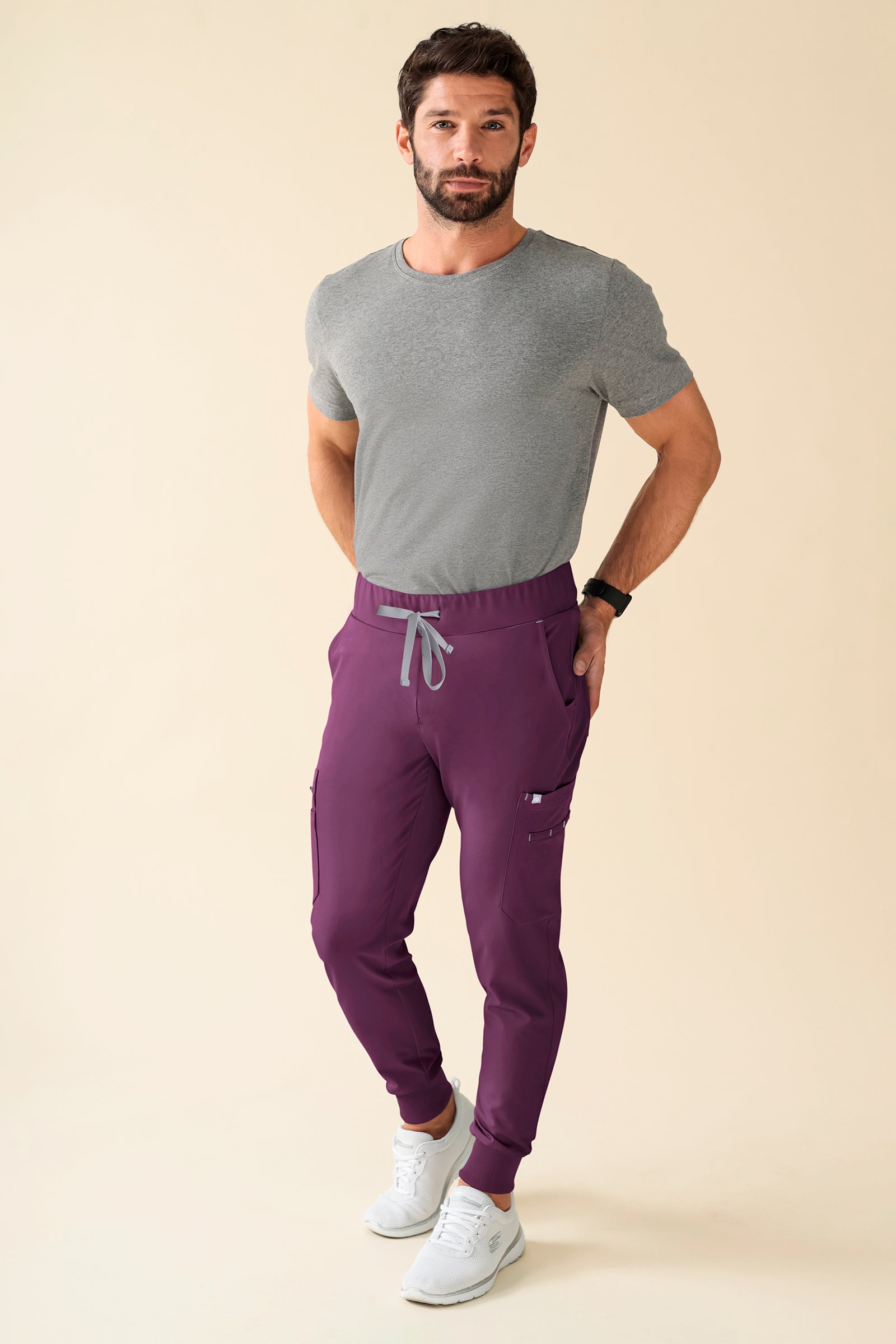 KAERE Pantalon Homme - avec poches cargo et ourlets côtelés Taille courte prune