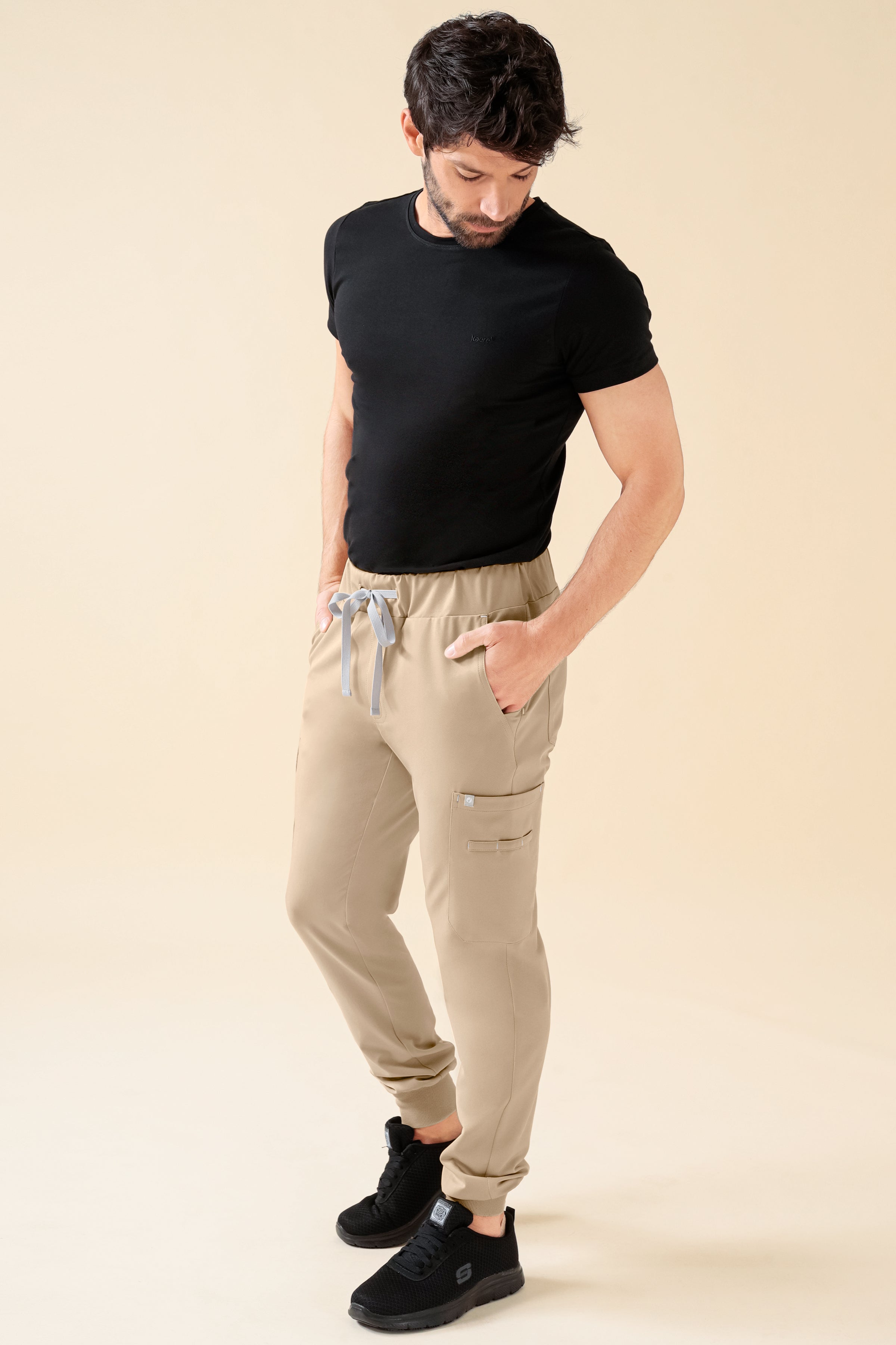 KAERE Pantalon Homme - avec poches cargo et ourlets côtelés Taille courte sable