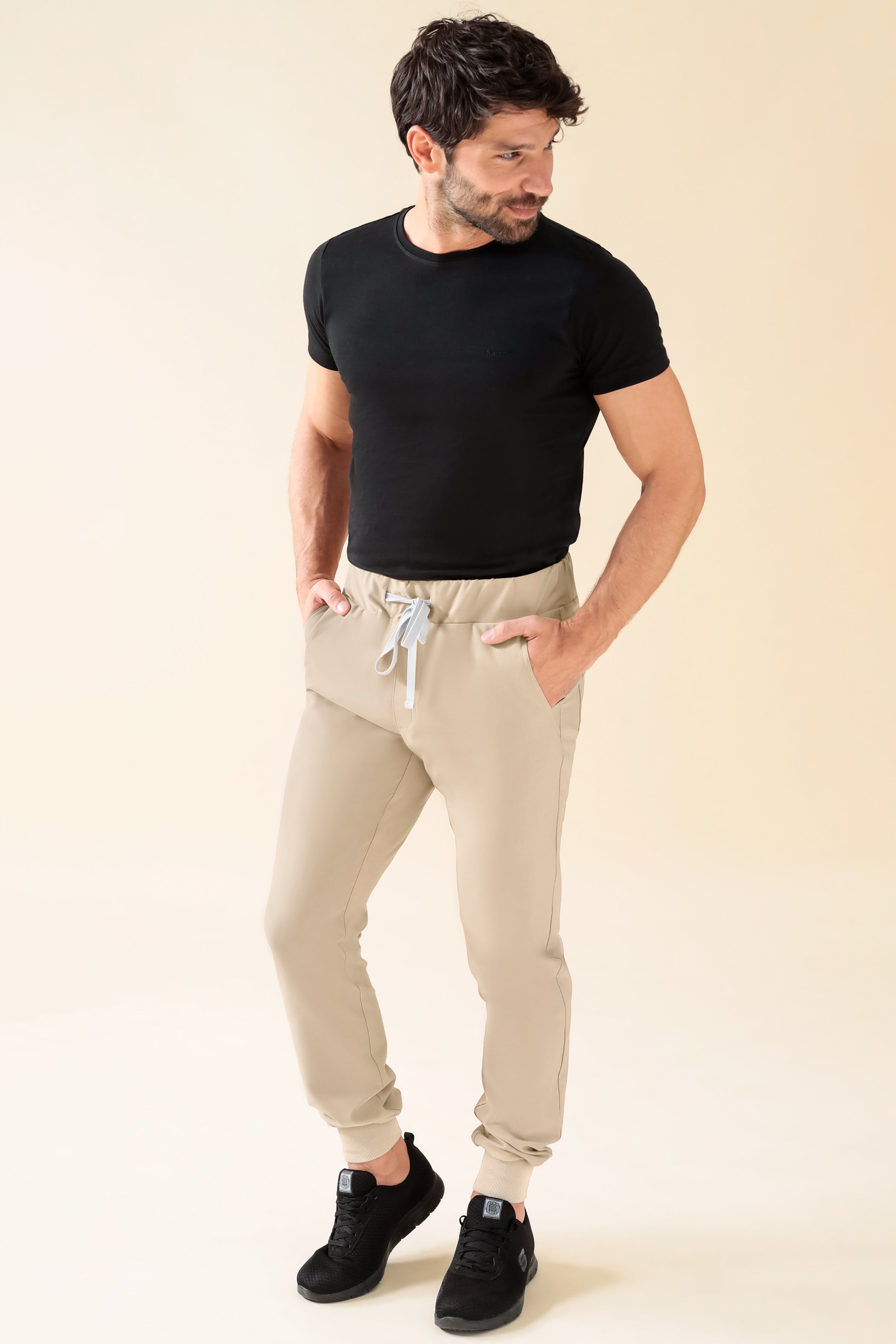 KAERE Pantalon Homme - ourlets côtelés Taille courte et sans poches cargo sable