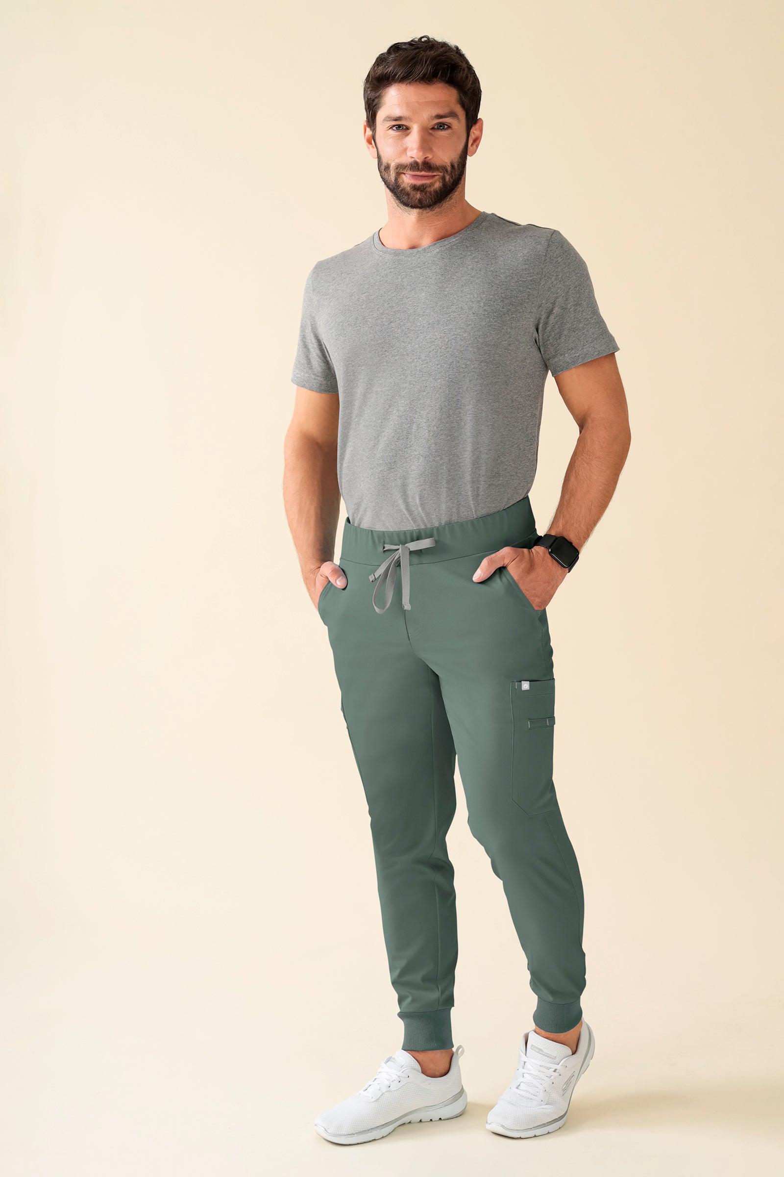 KAERE Pantalon Homme - avec poches cargo et ourlets côtelés Taille courte vert foncé