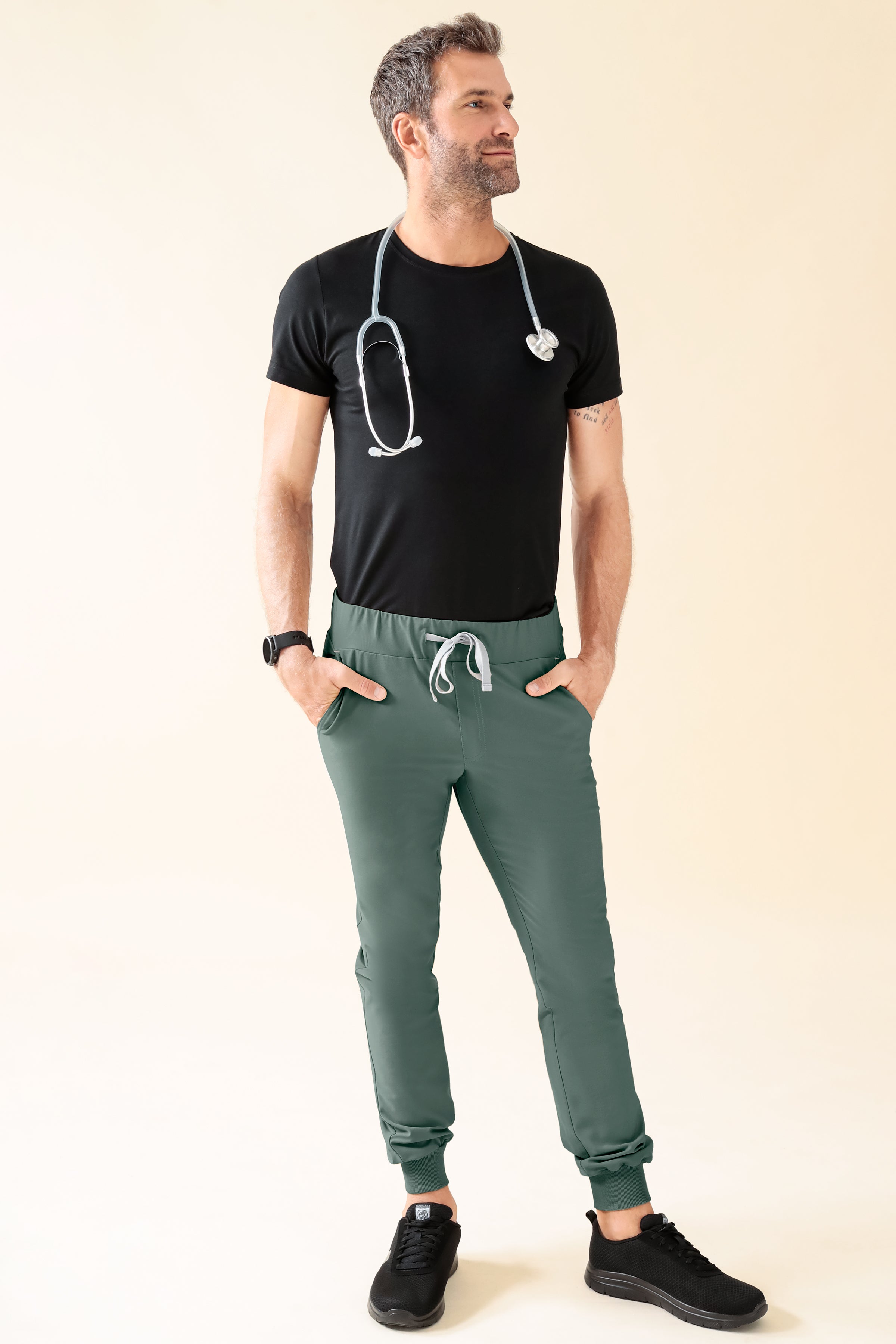 KAERE Pantalon Homme - ourlets côtelés et sans poches cargo vert foncé