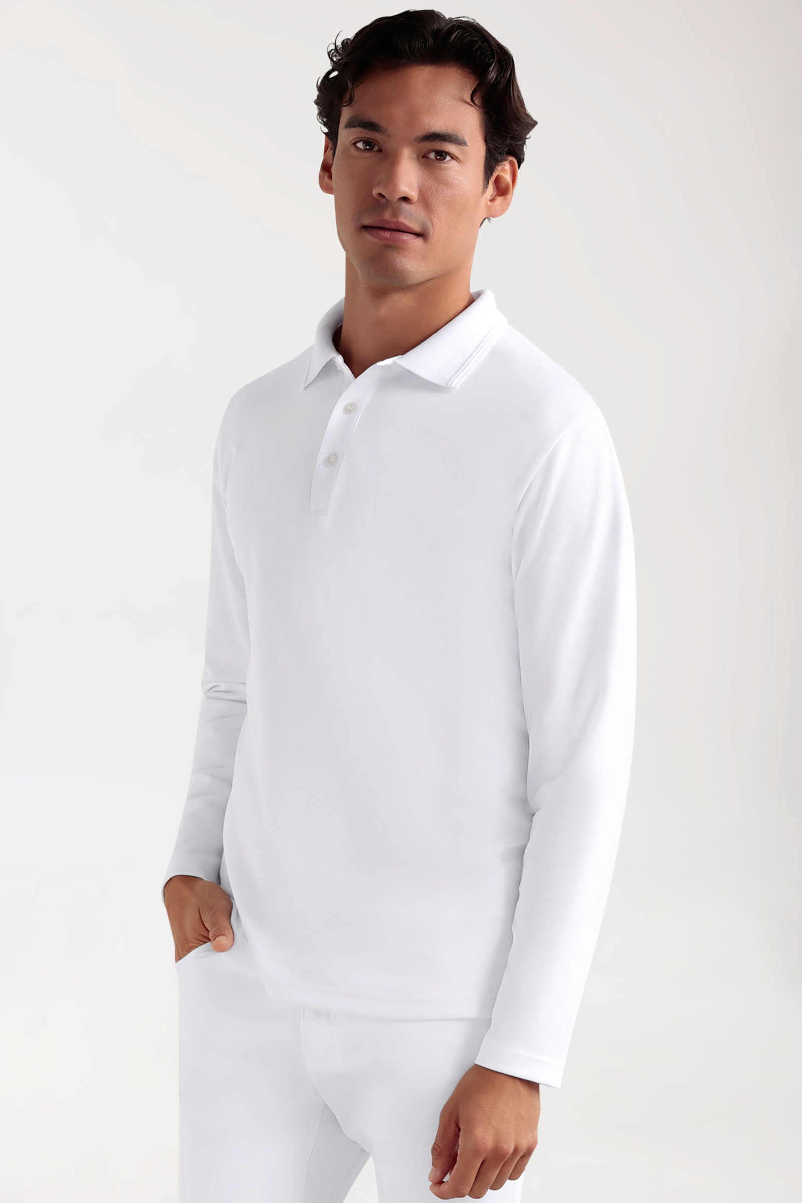 COMFY FLEX Homme, manche longue, maille piquée stretch – Col polo blanc
