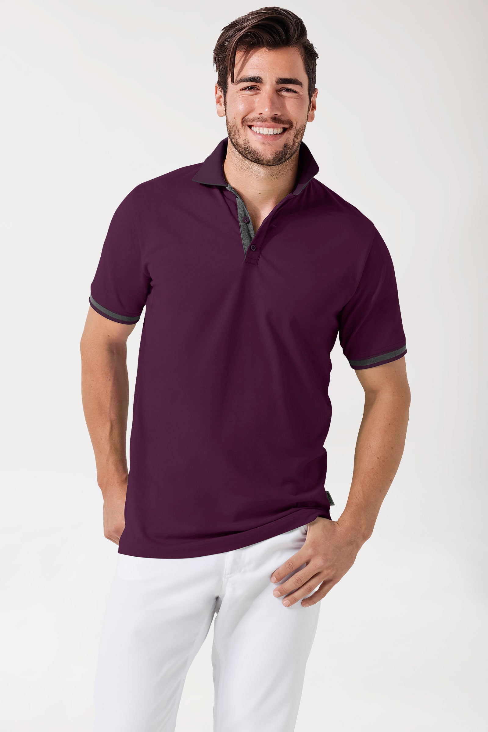 T-shirt Stretch Homme - Col polo prune/gris chiné foncé