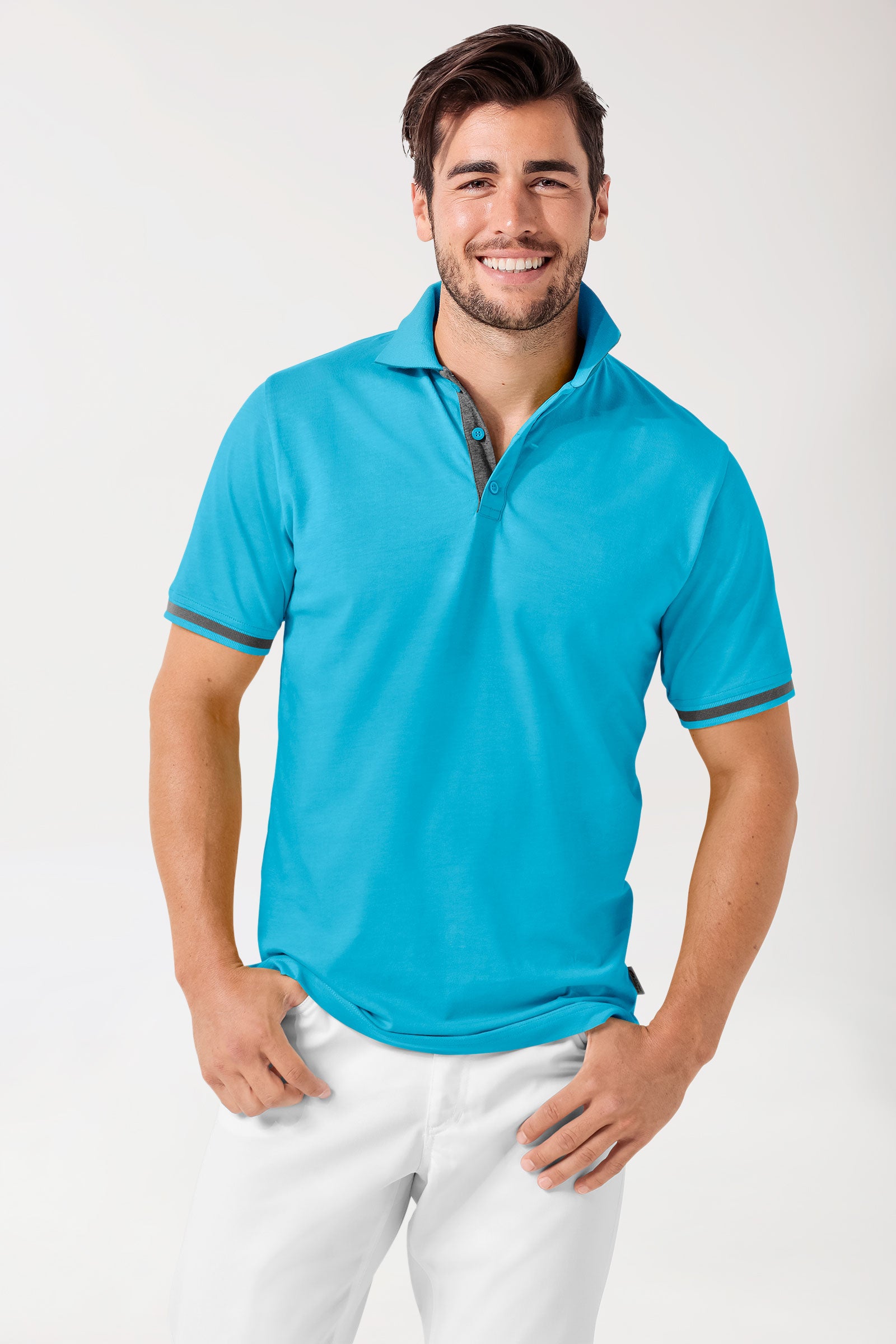 T-shirt Stretch Homme - Col polo turquoise/gris chiné foncé, Vue de face 