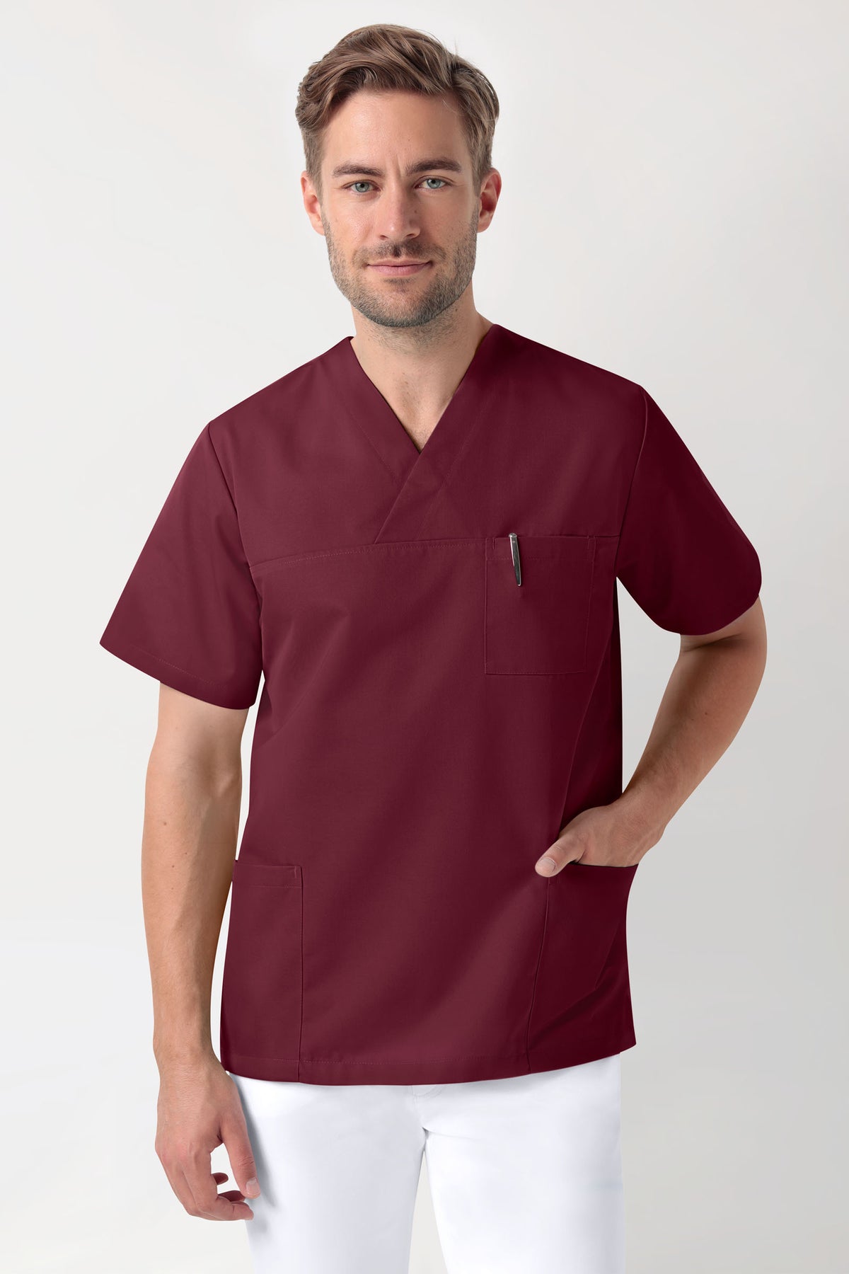 Tunique Stretch Homme - Décolleté V bordeaux, Vue de face 