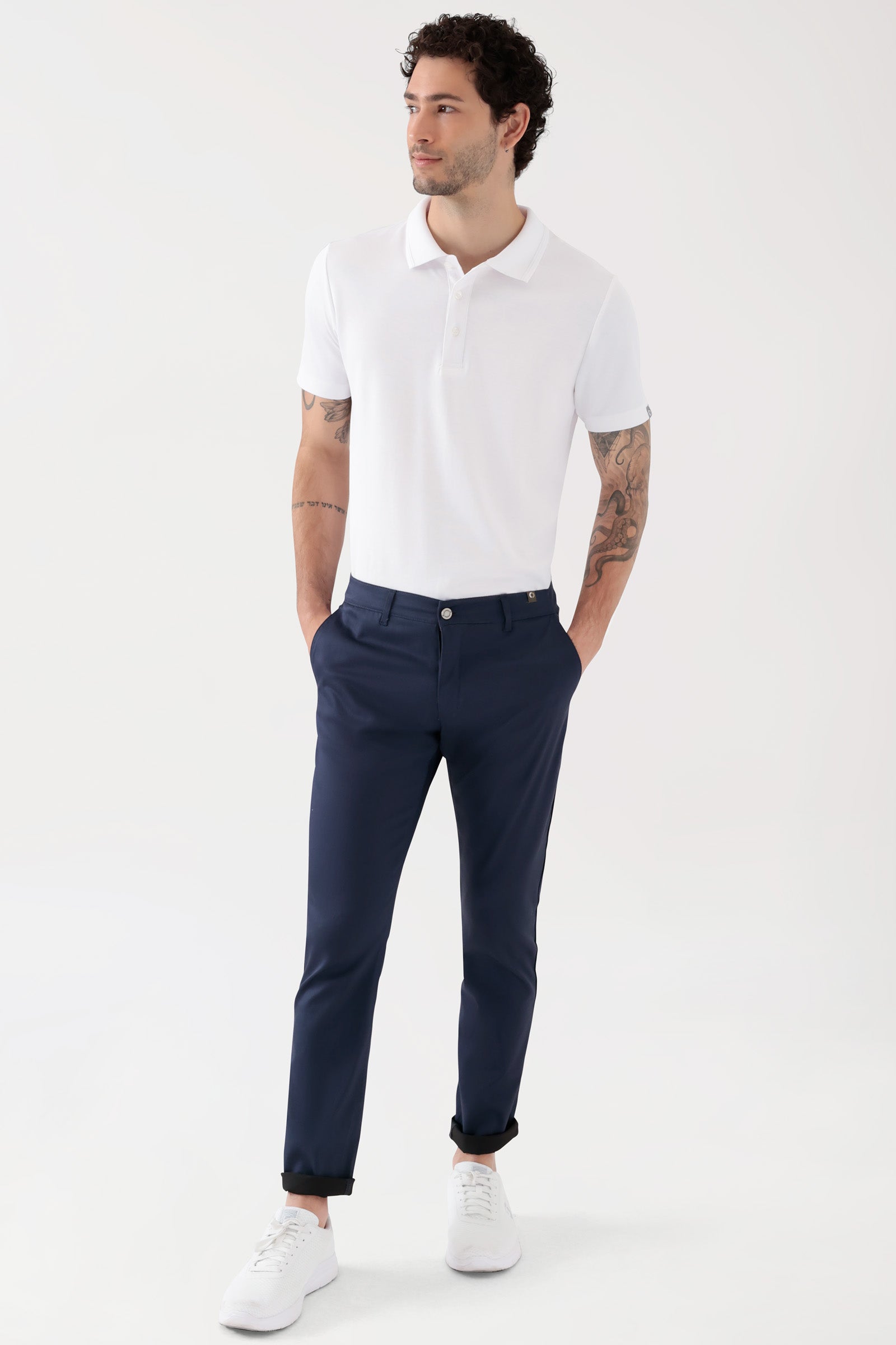 COMFY FLEX Pantalon Homme - Style Chino navy, Vue de face Le mannequin mesure 188 cm et porte la taille 48