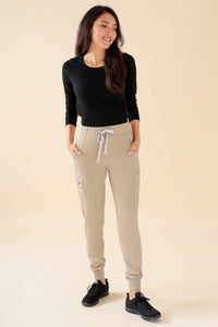 KAERE Pantalon Femme - avec poches cargo et ourlets côtelés sable