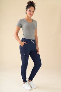 KAERE Pantalon Femme - avec poches cargo et ourlets côtelés bleu navy