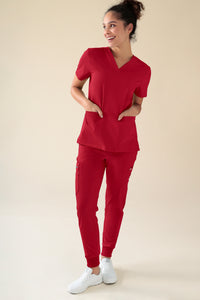 KAERE Pantalon Femme - avec poches cargo et ourlets côtelés rouge