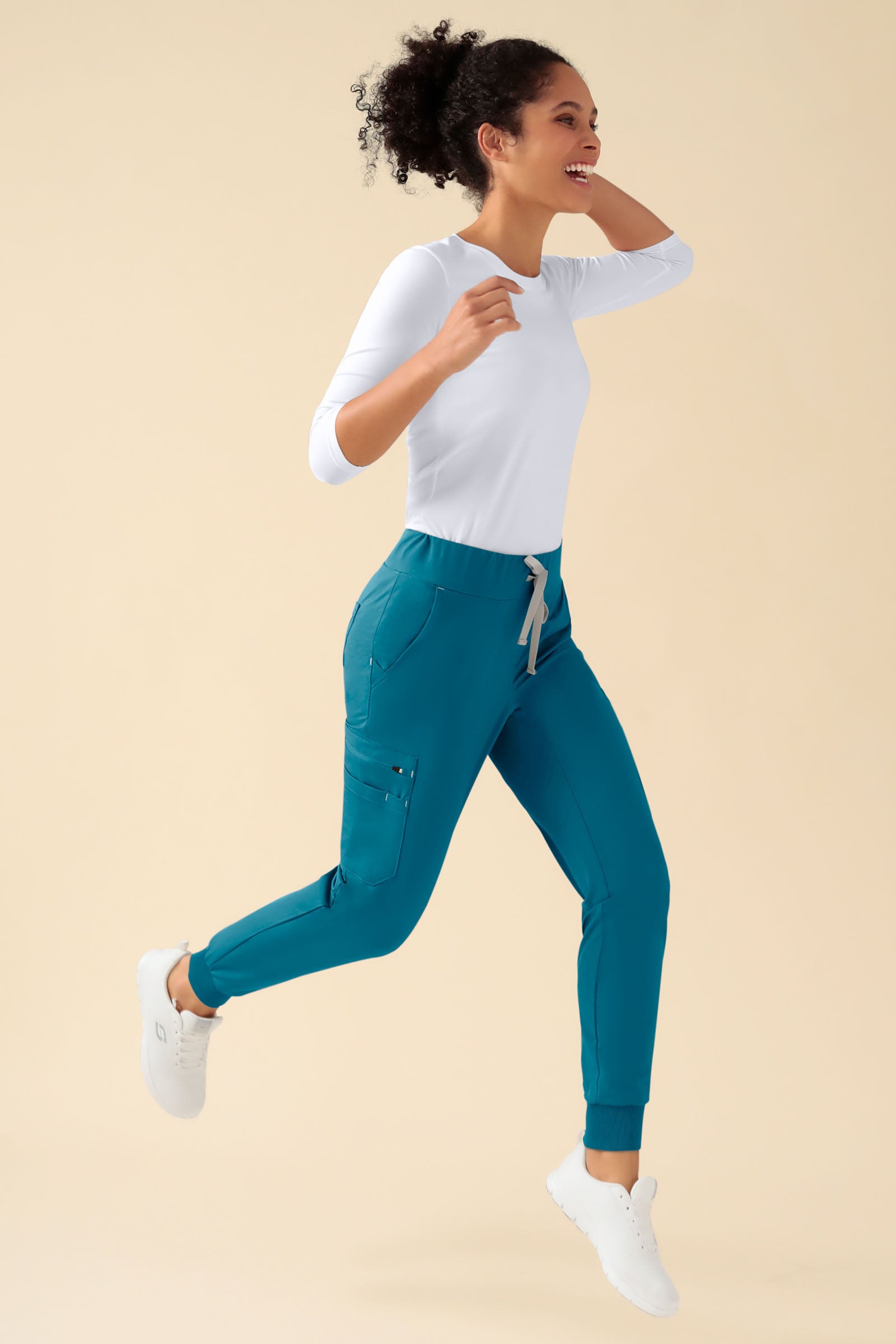 KAERE Pantalon Femme - avec poches cargo et ourlets côtelés pétrole