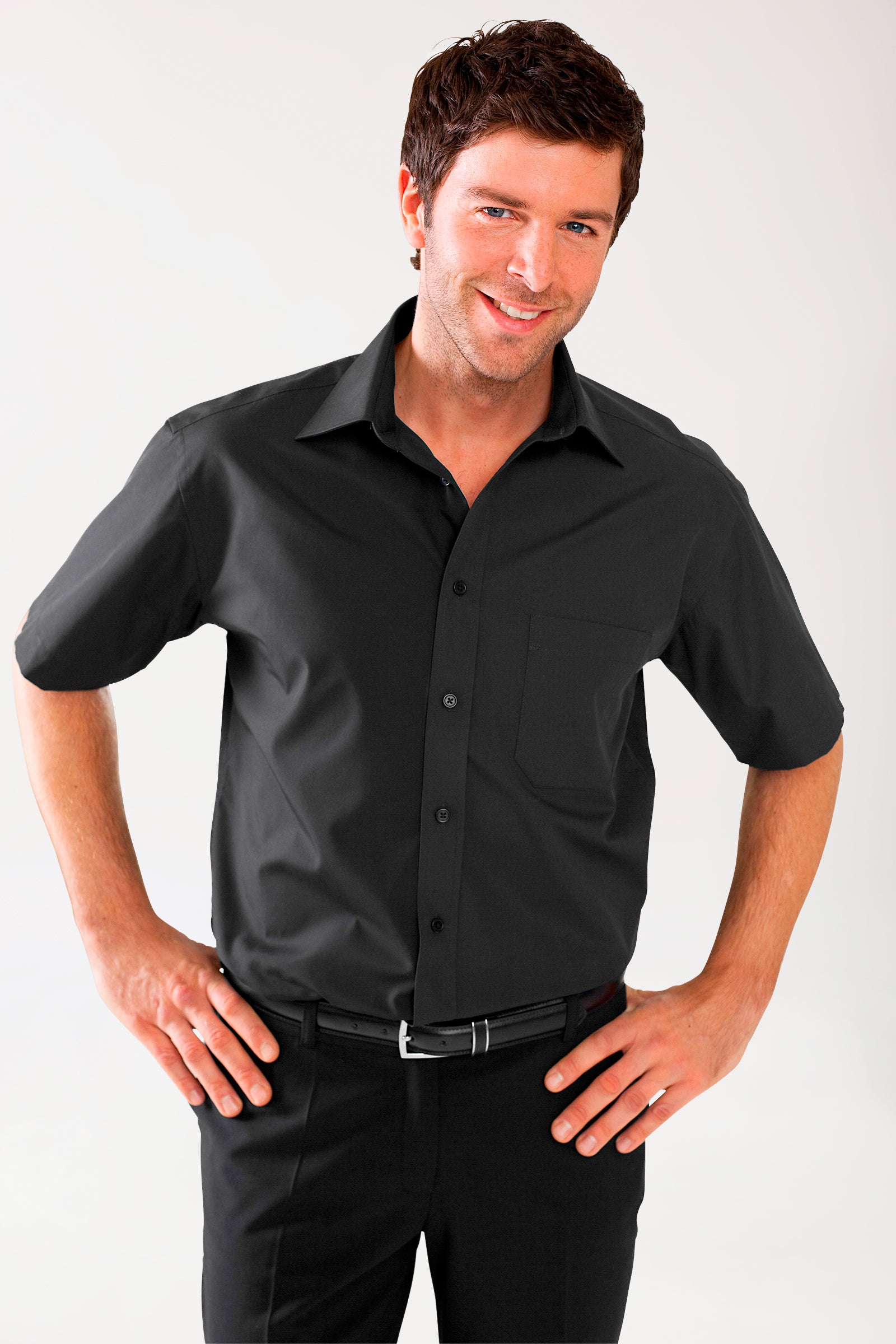Chemise homme noir manches mi-longues, Vue de face 