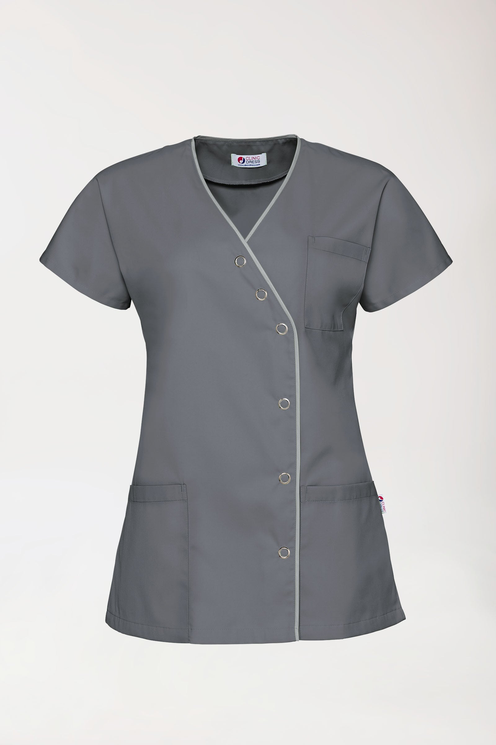 Blouse Beauté Femme - Patte pressions asymétrique gris granit/gris, Vue de face 