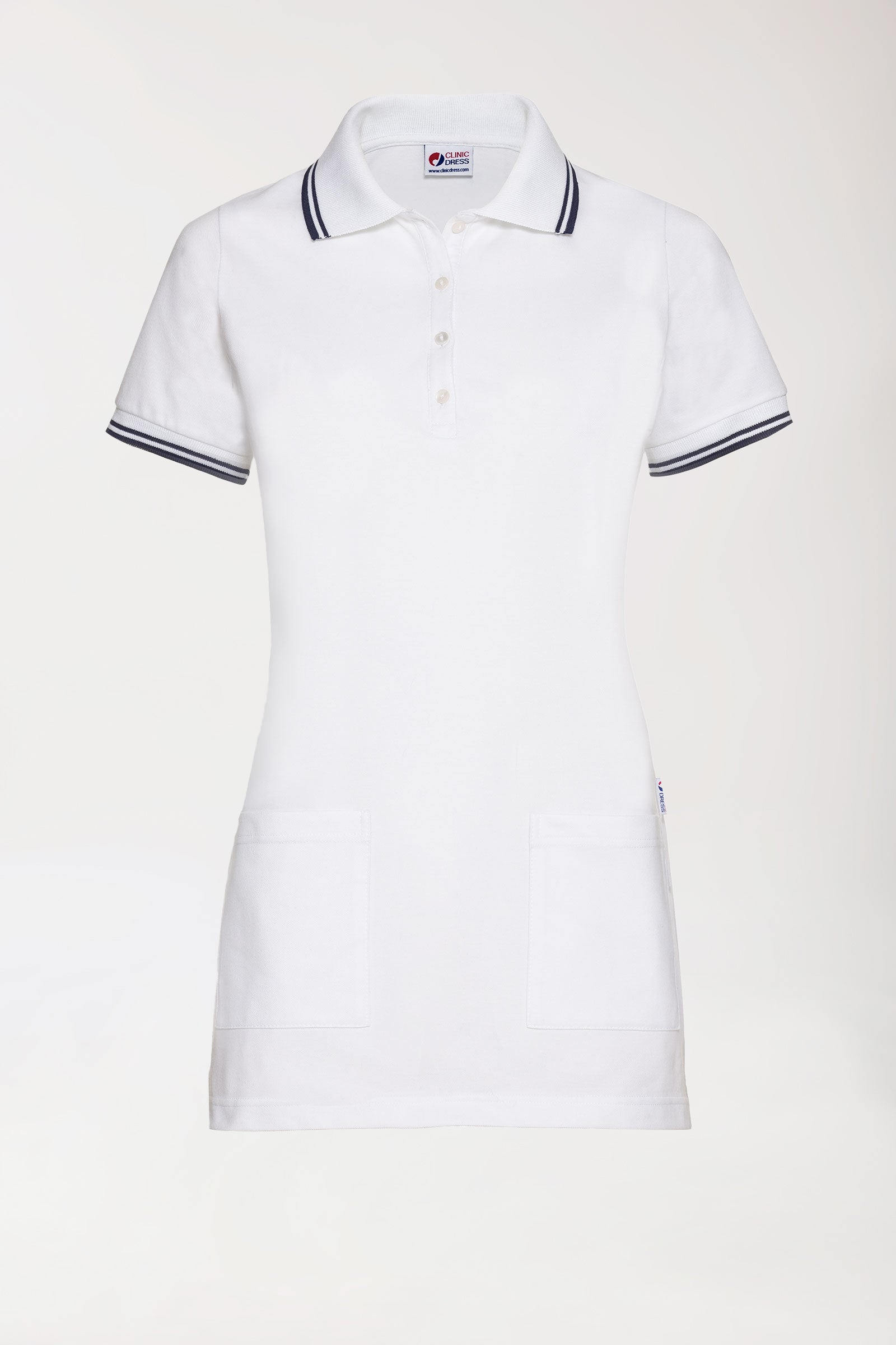 T-shirt long Femme en Piqué - Col polo blanc/bleu navy