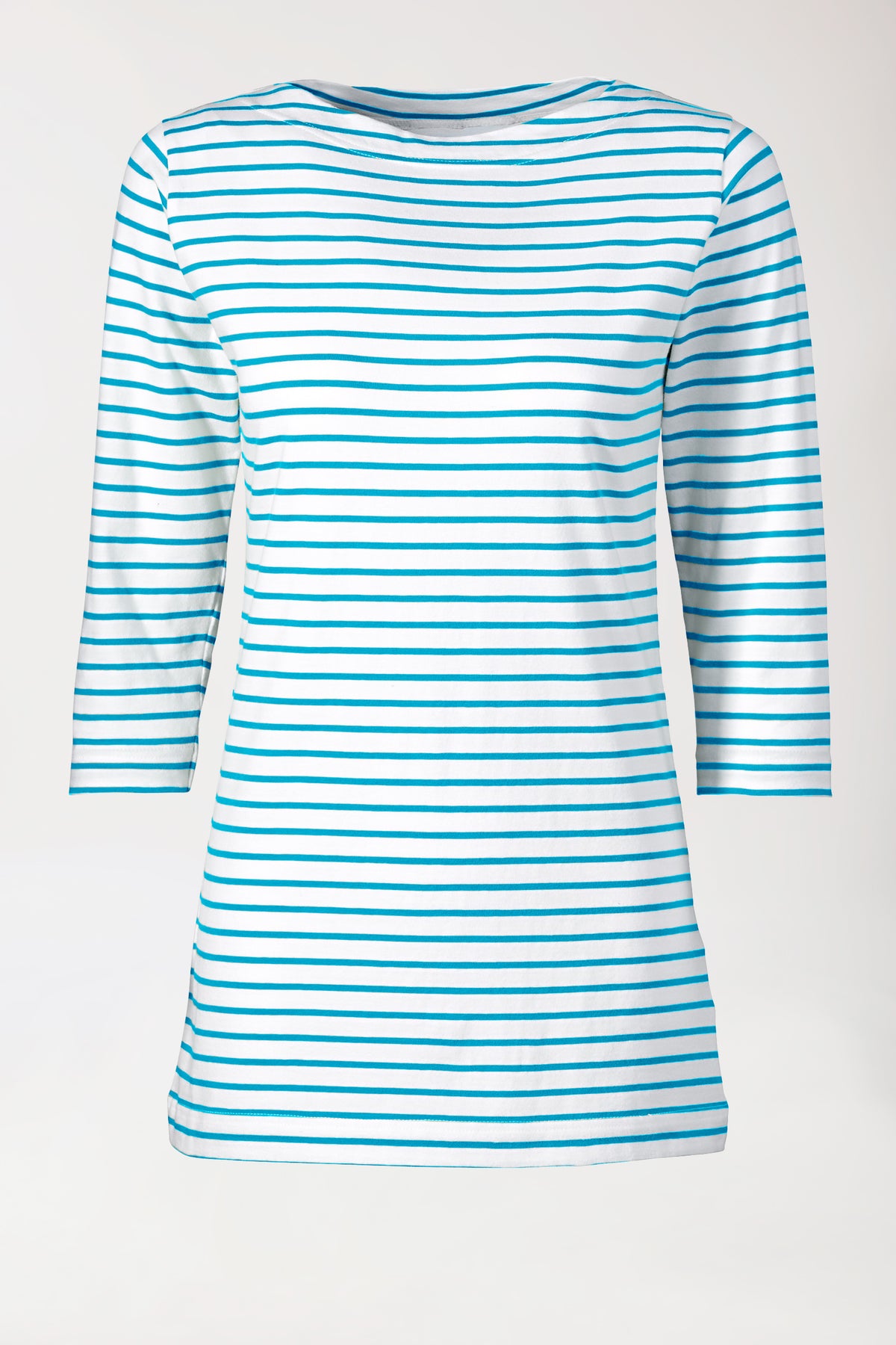 T-shirt long Femme - Manche 3/4 turquoise/blanc, Vue de face 