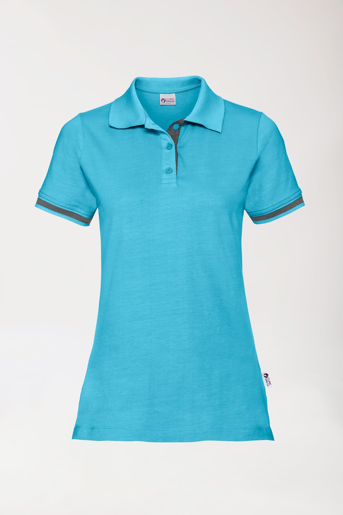 T-shirt Stretch Femme - Col polo turquoise/gris chiné foncé, Vue de face 