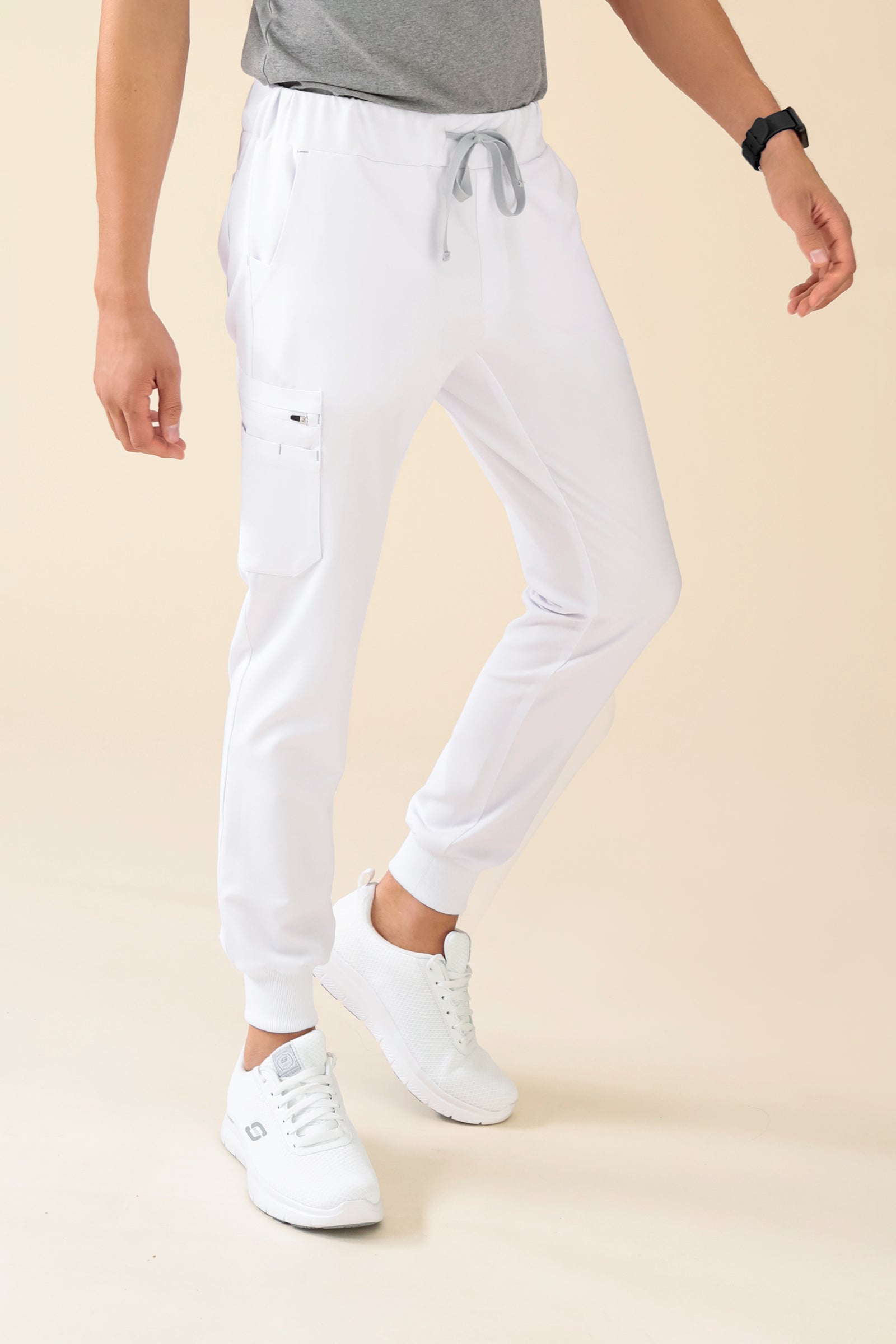 KAERE Pantalon Homme - avec poches cargo et ourlets côtelés blanc