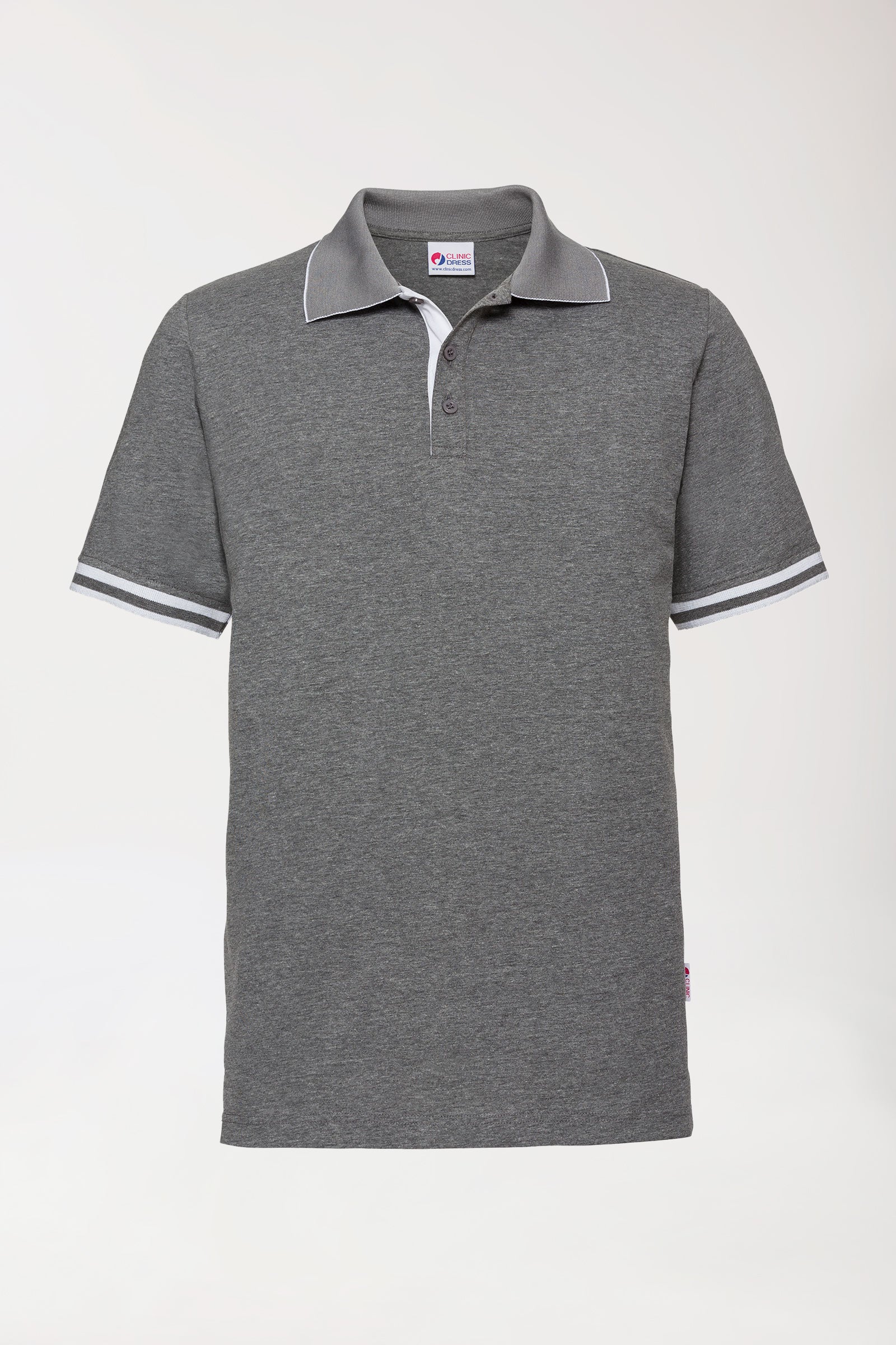 T-shirt Stretch Homme - Col polo - Patte de boutonnage contrastante - gris chiné foncé/blanc