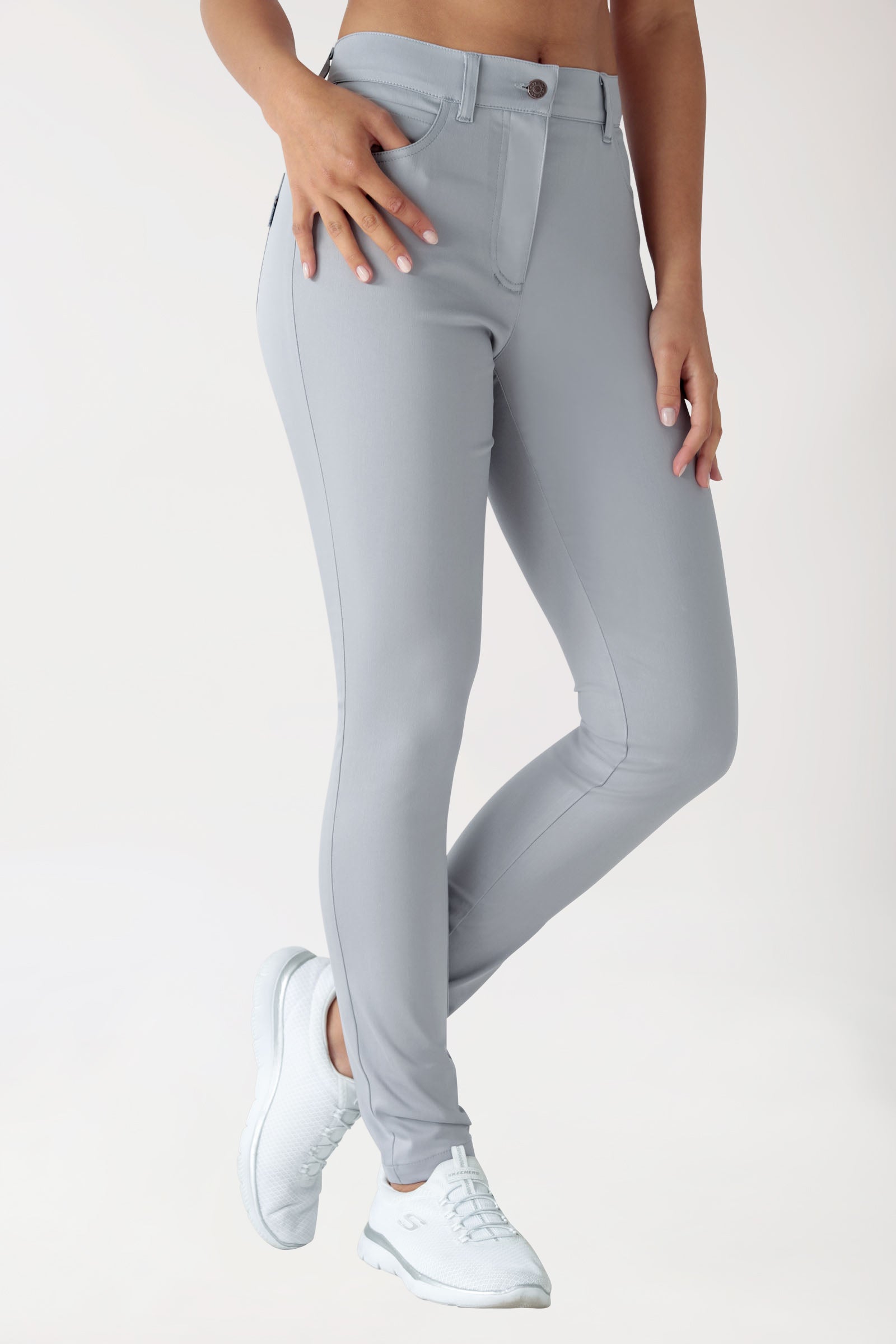 Pantalon 5 poches Femme Stretch - Jambe fine gris, Vue de face 