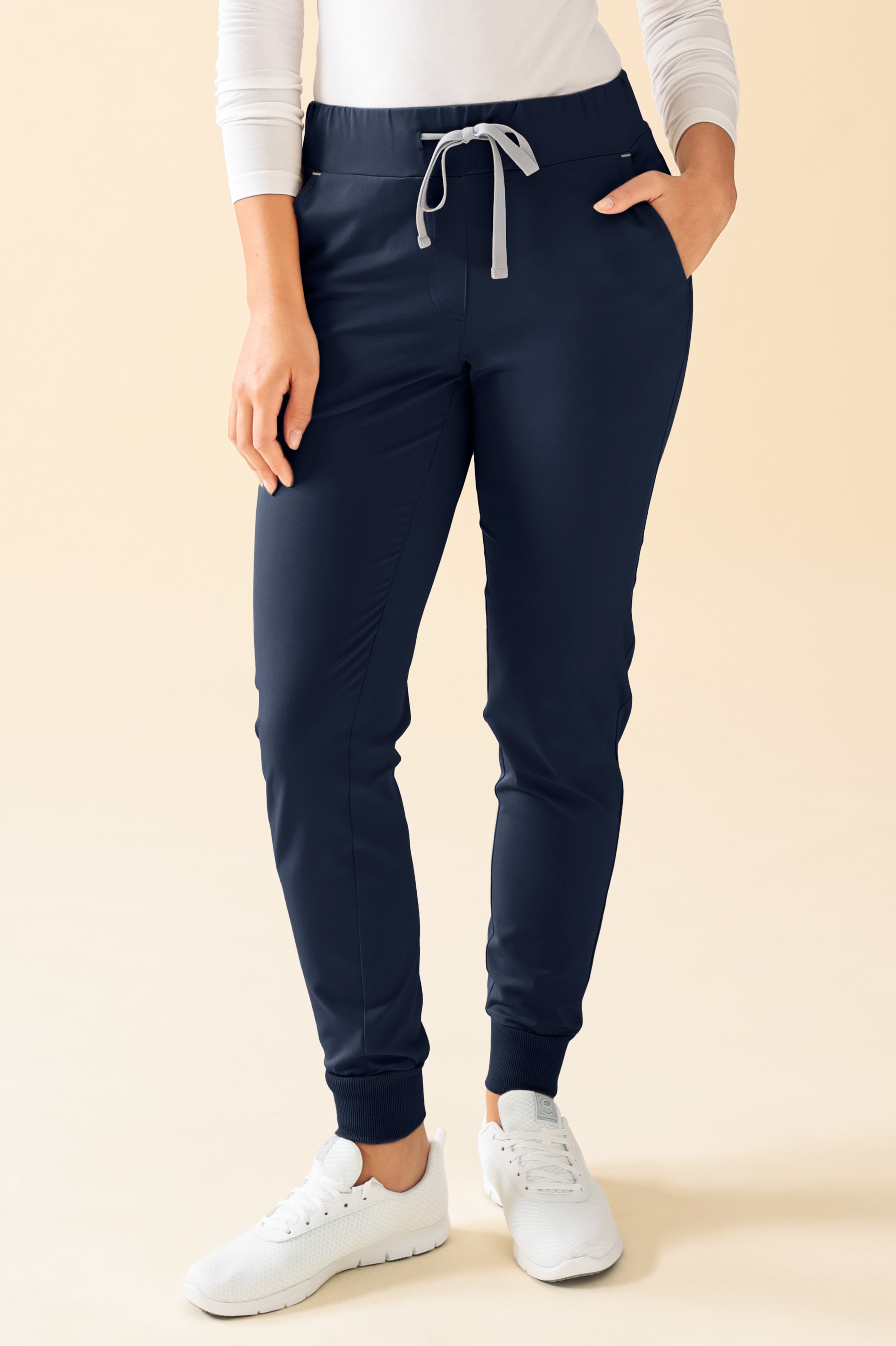 KAERE Pantalon Femme - ourlets côtelés et sans poches cargo navy