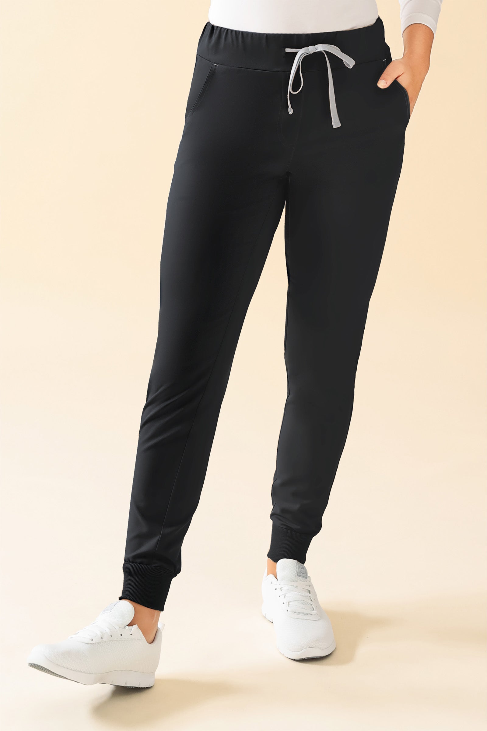 KAERE Pantalon Femme - ourlets côtelés et sans poches cargo noir, Vue de face 