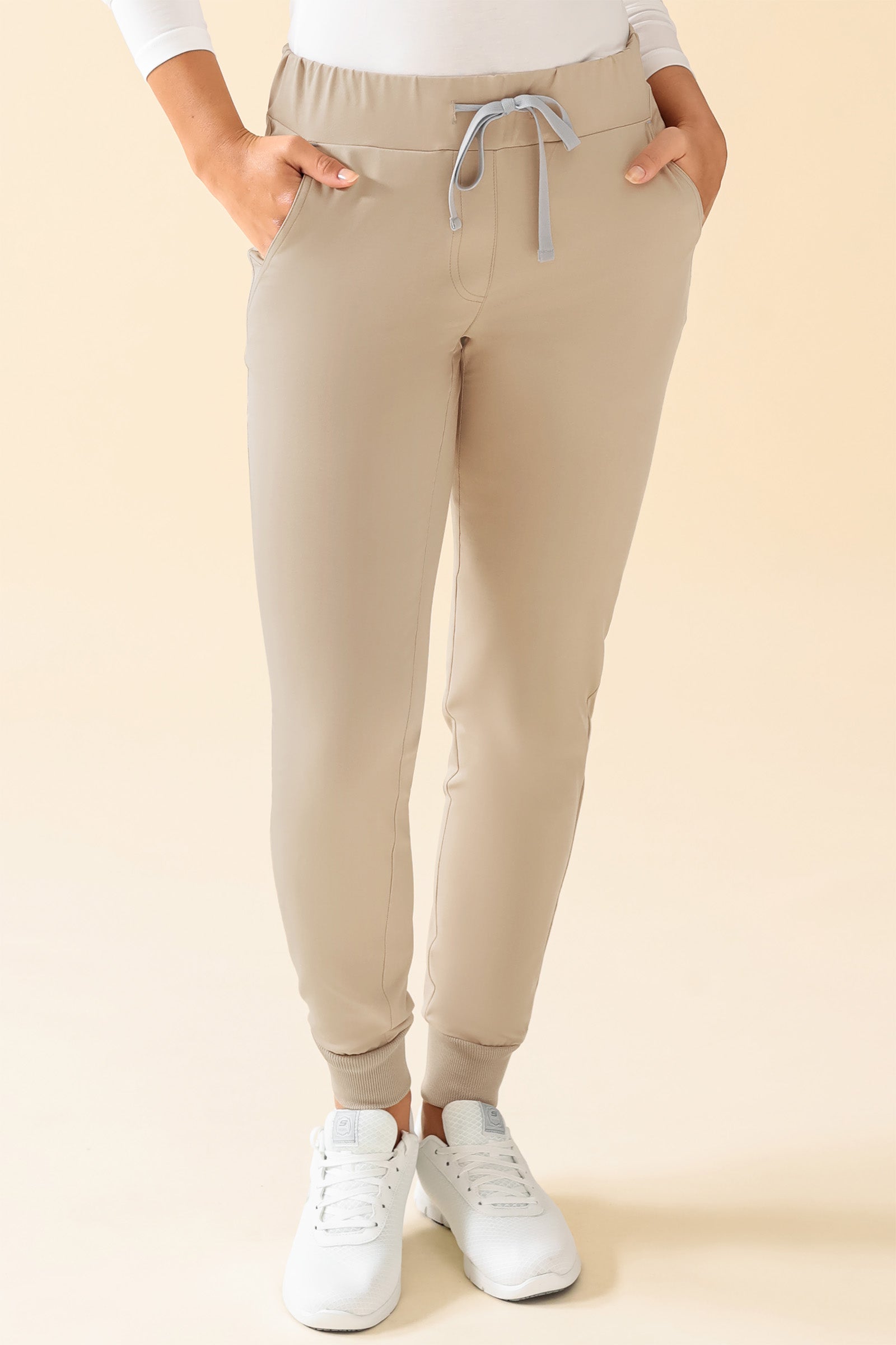 KAERE Pantalon Femme - ourlets côtelés et sans poches cargo sable, Vue de face 